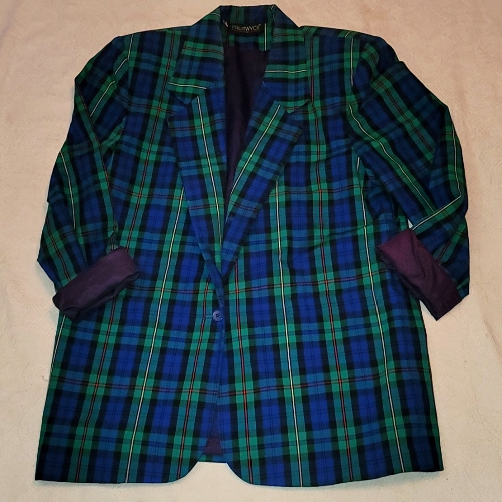 Vintage blazer Prestwyck jacket plaid green blue yellow, lined 80's 90's sz Med - Picture 1 of 9